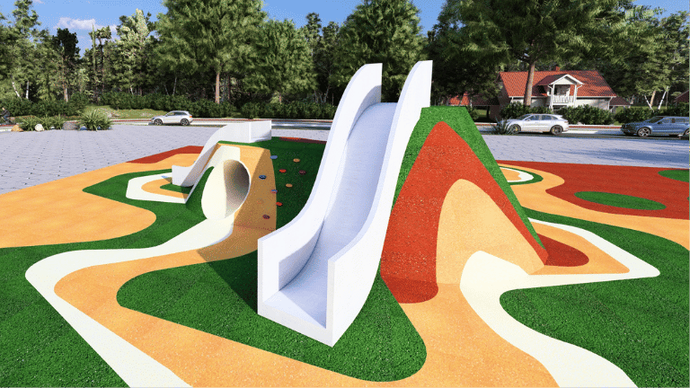 Playground ao ar livre com piso emborrachado colorido, escorregadores e túnel infantil.