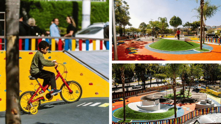 Espaço infantil ao ar livre com pista para bicicleta, piso colorido, áreas verdes e estruturas para brincadeiras.