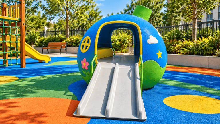 Casulo Mágico, brinquedo para playground com espaço interno e escorregador duplo.