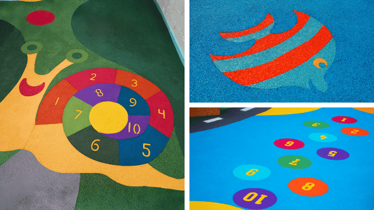 Brincadeiras 2D coloridas integradas ao piso de playground, com desenhos, números e formas.