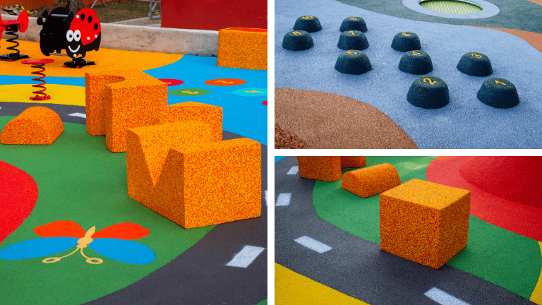 Brincadeiras 3D para playground com blocos e obstáculos coloridos integrados ao piso em EPDM.