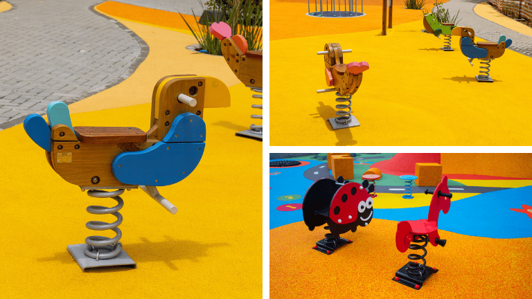 Multimolas para playground com diferentes formatos e personagens sobre piso emborrachado colorido.