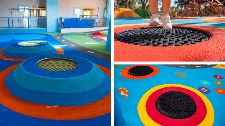 Pula-pula para playground integrado ao piso emborrachado colorido, com diferentes formatos e tamanhos.