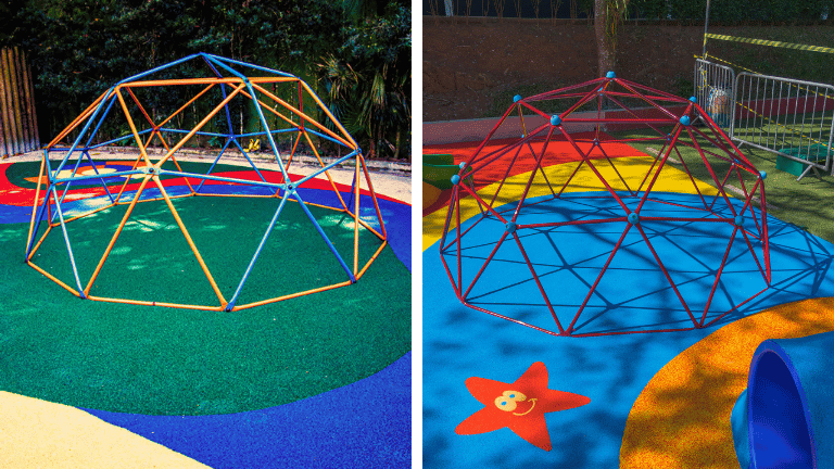 Domo ou gaiola geodésica para playground, com estrutura colorida para atividades de escalada.